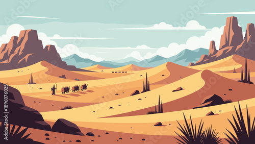Desert landscape with travelers and mountains in flat retro style