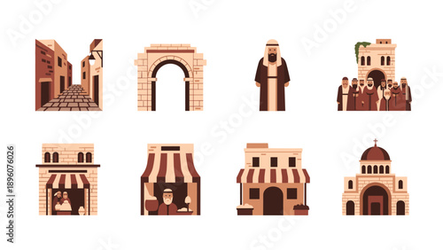 Middle eastern architecture and culture icons in flat design