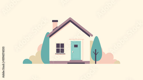 Charming flat design minimalist house with trees and soft pastel colors