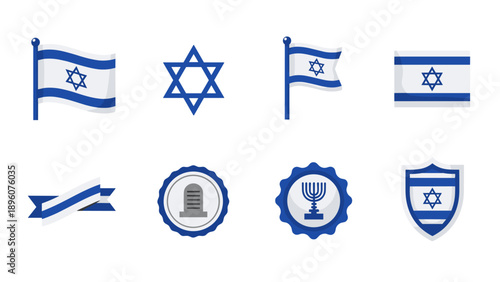 Israeli symbols collection: flags, star of david, menorah, shield icons