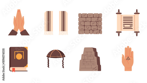 Jewish symbols set featuring hands, tallis, kotel, scroll, and more in flat style