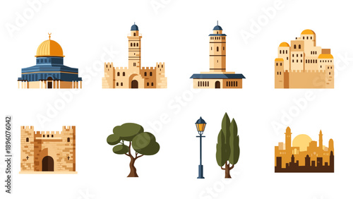 Jerusalem landmarks flat design: dome of the rock, historic towers, ancient gateways, sunset silhouette