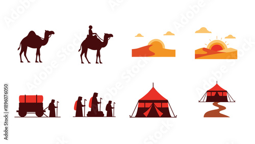 Desert adventure scenes with camels, tents, and sunset landscapes in flat style