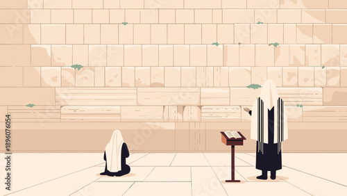 Two figures in traditional attire praying at historical stone wall