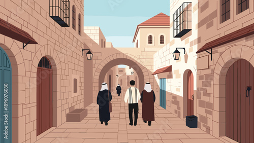 Traditional middle eastern street scene with arched architecture and figures walking