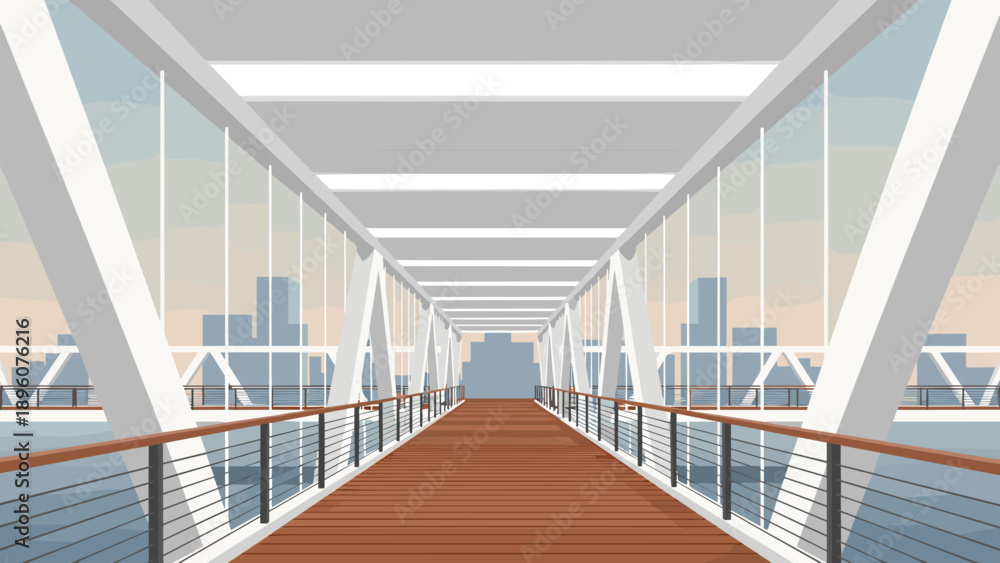 Fototapeta premium Modern urban pedestrian bridge with cityscape in background