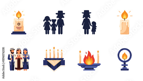 Jewish cultural symbols and traditions in modern flat style art