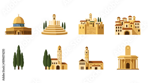 Flat style historical middle eastern architecture icons set