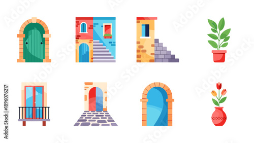 Colorful mediterranean architecture and plants in flat style