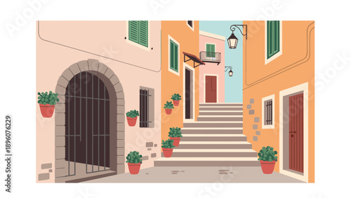 Charming mediterranean alleyway with potted plants and colorful architecture