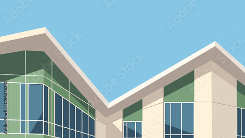 Modern architectural design of green energy-efficient building with angular roof and glass facade