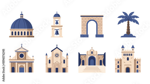 Set of iconic architectural landmarks and structures in flat style