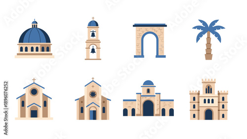 Flat style mediterranean architecture elements set featuring iconic buildings and structures