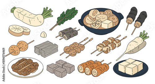Assorted collection of traditional japanese oden ingredients including daikon radish, fish cakes, and skewers in flat style.