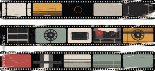 Vintage Film Strip and Frame Collection with Grunge Texture Scratches and Cinematic Photo Borders