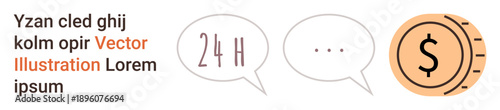 Business communication, 24-hour services, customer support, financial assistance, online transactions, service availability. Chat bubbles with text and a dollar coin. 24-hour services and financial