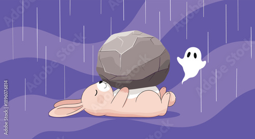 Cute bunny rabbit lying on its back holding a large heavy rock with a small ghost floating nearby in a purple rainy scene.