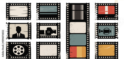 Vintage Film Strip and Frame Collection with Grunge Texture Scratches and Cinematic Photo Borders