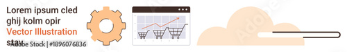E-commerce, digital business, data analytics, cloud computing, online shopping, website performance. Gear icon, graph with shopping carts and a cloud symbol. E-commerce and data analytics
