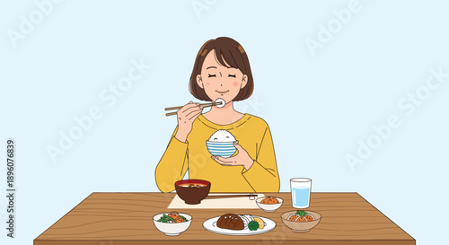 Woman enjoying traditional japanese meal with rice, miso soup, and side dishes at a wooden table in flat design illustration.