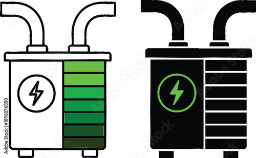 Fully Charged Battery Energy Storage System Icons with Lightning Bolt Symbol for Renewable Power Tech, Electric Vehicle Charging, and Green Infrastructure Digital Graphics