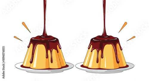 Two delicious caramel puddings with rich chocolate sauce dripping over top on white plates in flat illustration style vector.