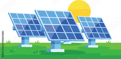 Sustainable Solar Panel Array in Green Field with Sun for Renewable Energy Concepts, Clean Electricity Production, Eco Friendly Power Systems, and Environmental Conservation Designs