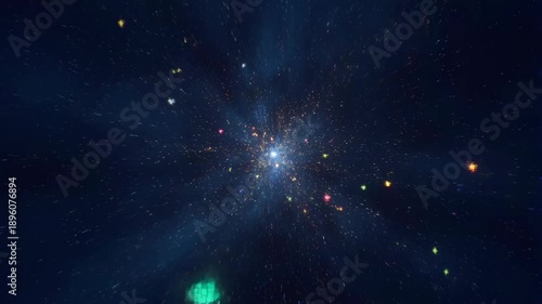 Dynamic cosmic explosion with colorful particles and stars. A mesmerizing journey through space, evoking wonder and exploration