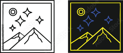 AI Generative Landscape Photography Enhancement Icons with Mountain Peaks and Magic Sparkle Symbols for Photo Editing Apps, Digital Art Tools, and Creative Software UI Designs