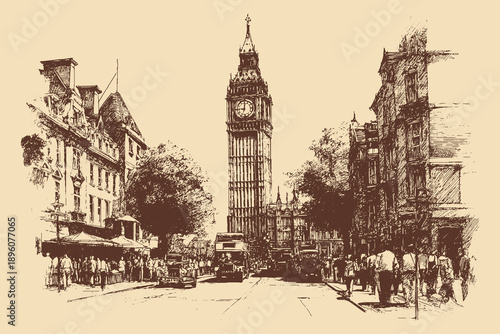 Big Ben, London, England illustration in a vintage style. This vector illustration can be used in any size you like for advertising, logos, and other work.
