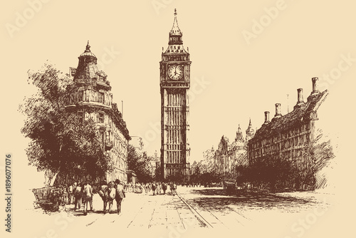 Big Ben, London, England illustration in a vintage style. This vector illustration can be used in any size you like for advertising, logos, and other work.
