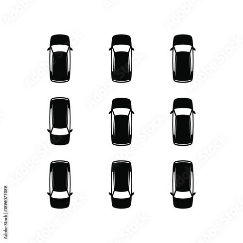 Overhead view of nine black cars arranged in a grid pattern