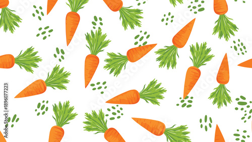 Vibrant repeating pattern of fresh carrots with leafy greens and small green dot details presented on a clean white background.