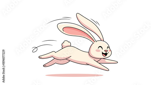 Energetic illustration of a joyful white bunny rabbit sprinting quickly across the ground with motion lines to show its speed.