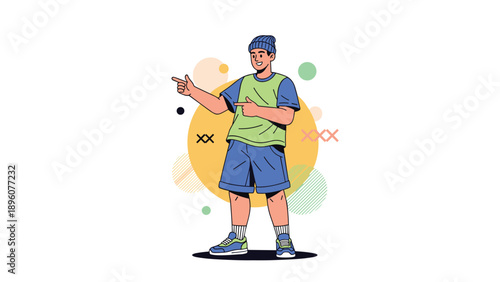 Cool young man character wearing a beanie, green tee, and blue shorts, making a playful double finger gun gesture against abstract shapes.
