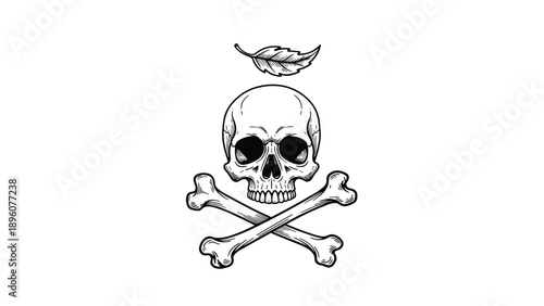 Classic black and white etching of a human skull above crossed bones with a single leaf floating at the top on a white background.