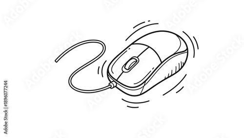 Simple line art drawing of a classic corded computer mouse with speed lines to indicate rapid movement or clicking action.