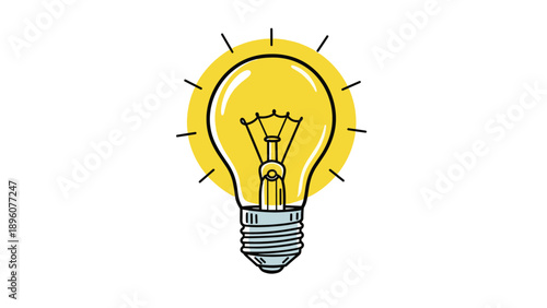 Incandescent light bulb glowing with yellow light rays representing an idea or innovation on a white background.