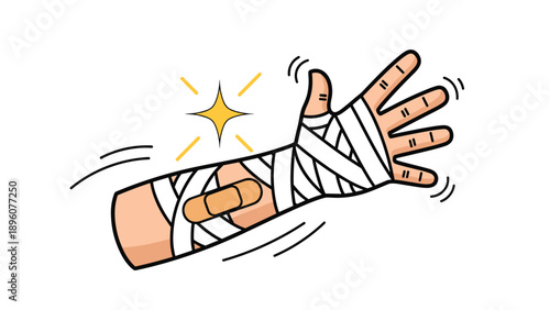 Injured human hand and forearm wrapped in white medical bandages with a plaster and yellow sparkles indicating healing.