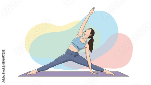Athletic young woman performing a yoga triangle pose on a purple mat with colorful abstract shapes in the background.