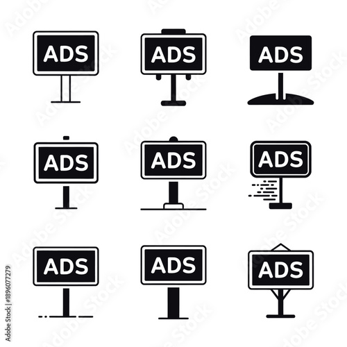Black and white icons depicting various advertising signs and stands