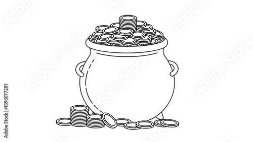 Pot of gold coins overflowing from a black cauldron shown in a clean black and white line art style on white background.