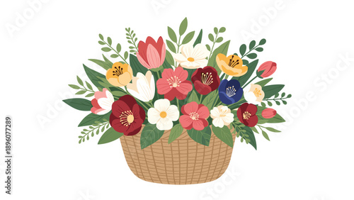 Woven wicker basket filled with a beautiful bouquet of colorful spring flowers and green leaves on a white background.