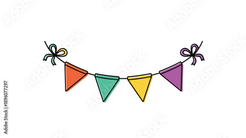 Decorative party bunting flags in various colors hanging on a black string with bows at each end on a white background.