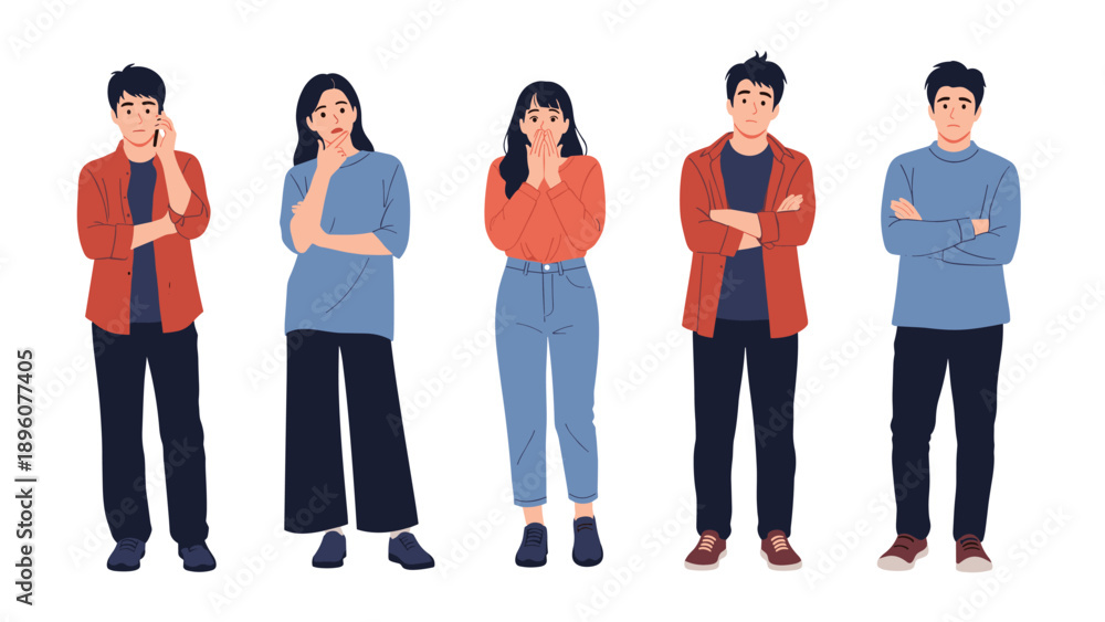 Fototapeta premium Row of young people expressing various emotions and standing in different confident or thoughtful poses together.