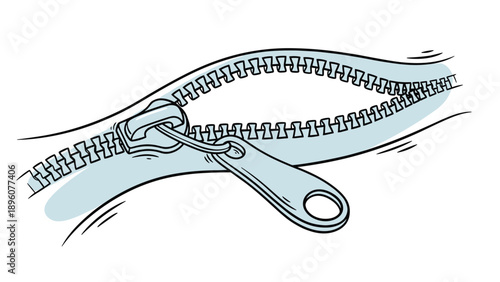 Detailed close up illustration of a partially opened metal zipper showing the teeth and slide on a blue background.