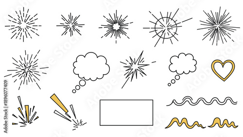 Comic book explosion bursts and speech bubble design elements provided in a various set of black and white graphic illustrations.