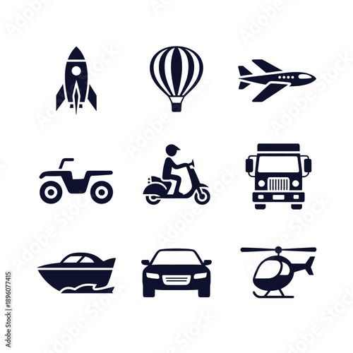 Various transportation icons including rockets planes and ground vehicles