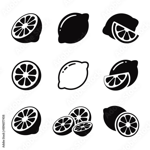 Black and white illustration of various lemon shapes and slices