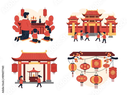Family Praying at Chinese Temple and Lantern Decoration Set